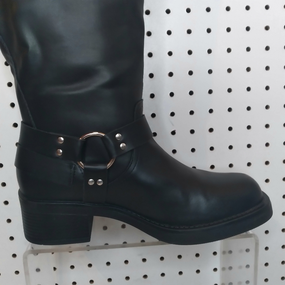 Women's 12.5" Knee High Moto Boots Buckle Strap Gothic Low Chunky Platform Black - Picture 6 of 10